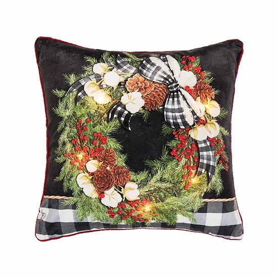 C&F Home Gingham Wreath LED Christmas Throw Pillow